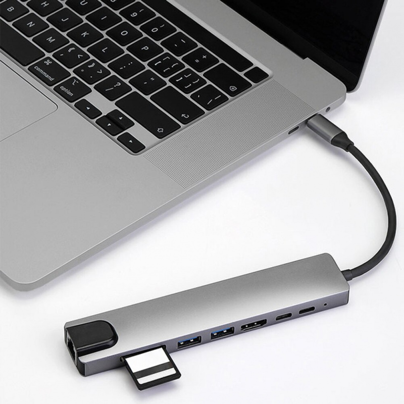 8 合 1 USB C 集線器 100m 以太網端口適配器適用於 Macbook 筆記本電腦讀卡器適用於筆記本電腦的 PD 快速充電