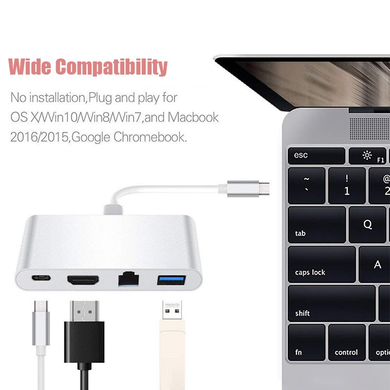 USB 3.1 Type C 100Mbps Lan 以太網 USB3.0 HDMI 兼容 USBC PD 充電 4 合 1 擴展適配器集線器適用於 Macbook Air Pro