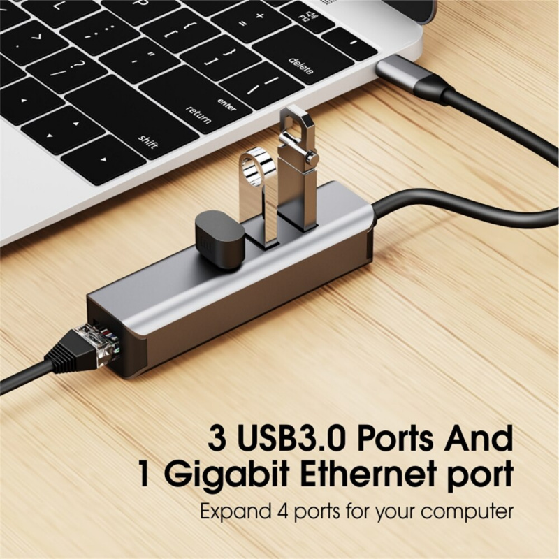Vothoon 4 合 1 USB C 轉 RJ45 千兆以太網帶 USB 3.0 集線器適配器網卡 USB LAN 適用於 MacBook Pro 筆記本電腦 USB 以太網
