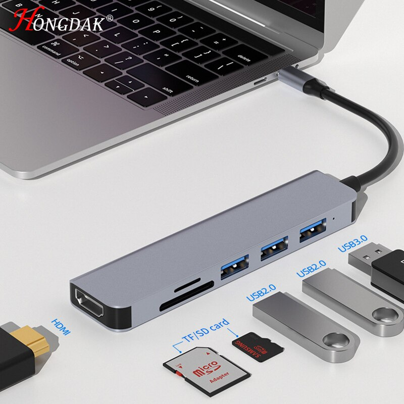 6 合 1 USB C 集線器 Type C 至 4K 2K HDMI USB 3.0 2.0 TF SD 內存卡讀卡器適配器適用於 Ipad Pro Macbook 平板電腦配件