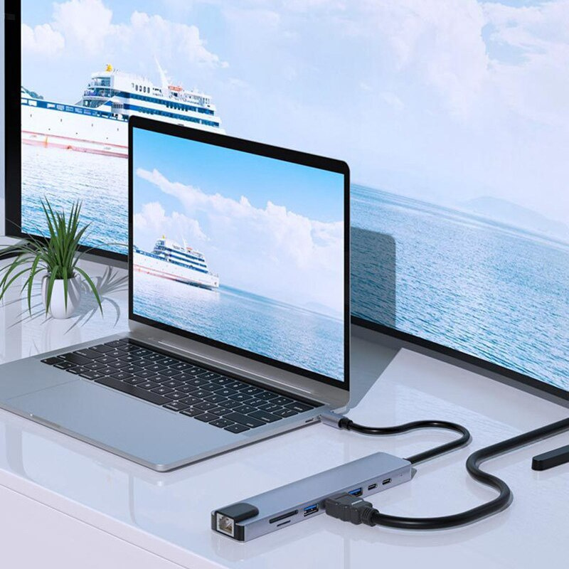 8 合 1 USB C 集線器 Type C 轉 HDMI 4K USB 3.0 2 Type-C 快速充電 RJ45 TF SD 卡適配器適用於 Macbook Pro 筆記本電腦配件