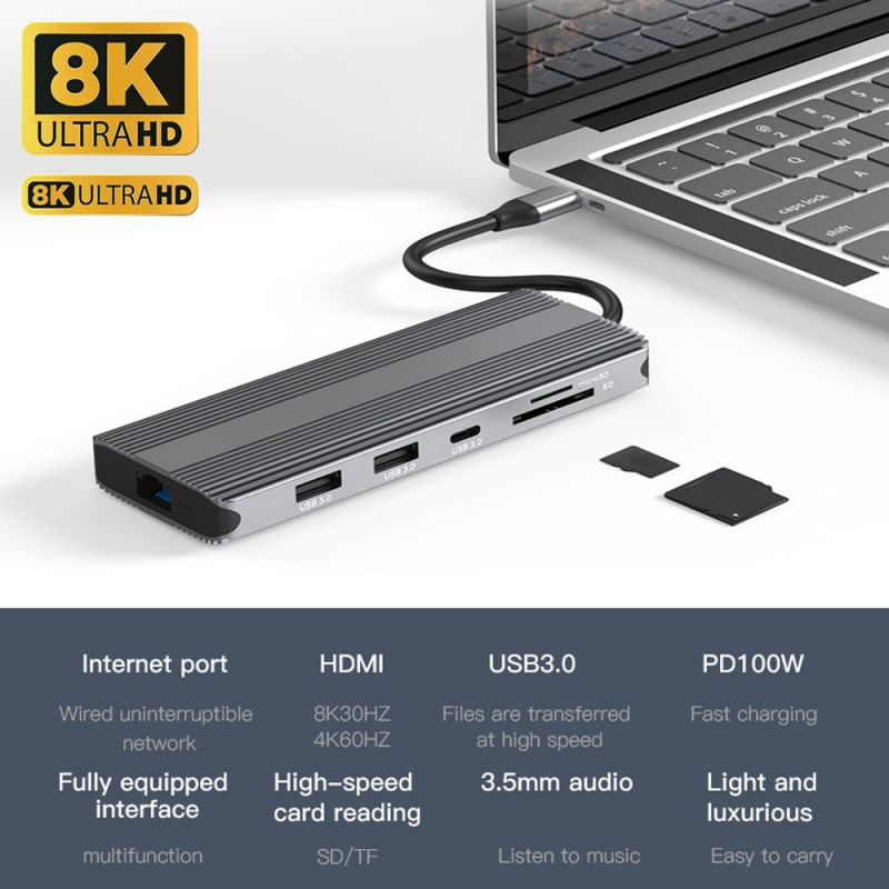 適配器 PD 充電 3.5 毫米插孔 USB 3.0 8K 雙 HDMI USB Type-C 集線器千兆以太網擴展塢適用於筆記本電腦