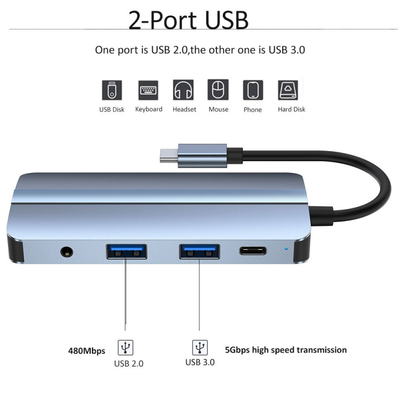 tebe 8 合 1 USB C 集線器 Type-c 至 4K HDMI 適配器 VGA USB SD TF 讀卡器分離器，帶 3.5MM 音頻 100W PD 快速充電
