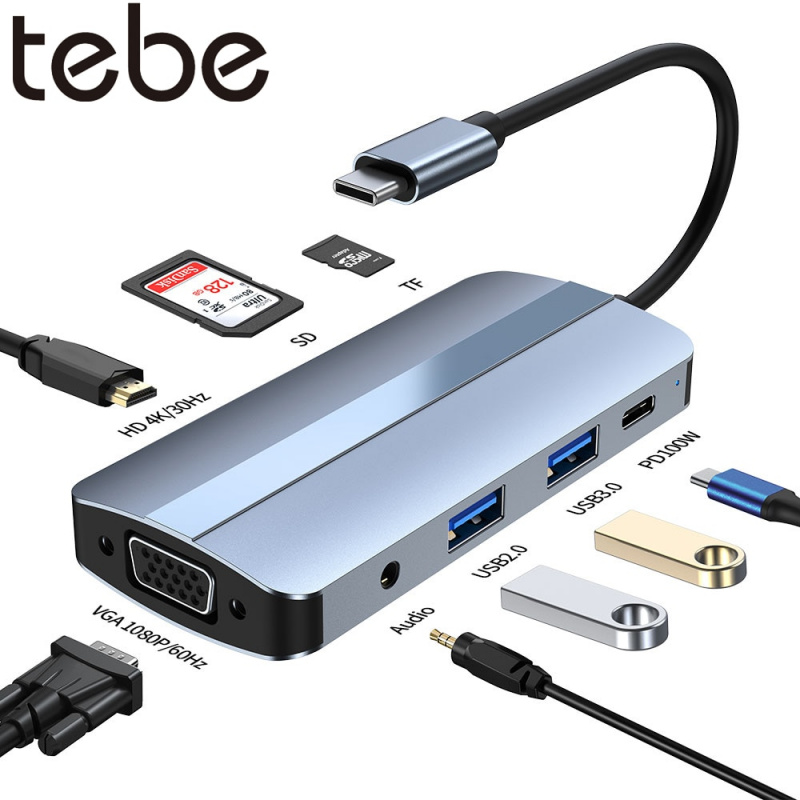 tebe 8 合 1 USB C 集線器 Type-c 至 4K HDMI 適配器 VGA USB SD TF 讀卡器分離器，帶 3.5MM 音頻 100W PD 快速充電
