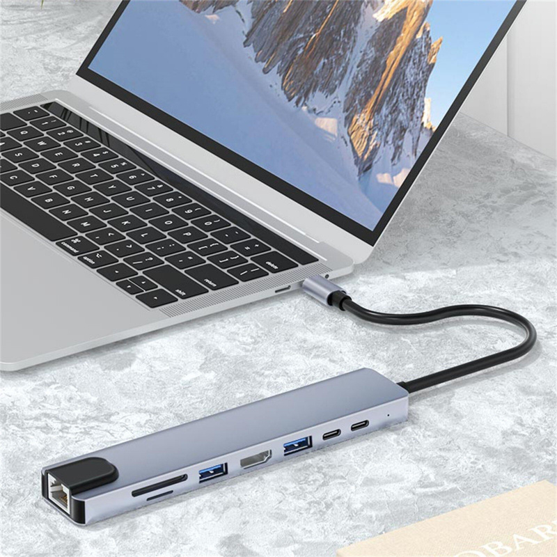 8 合 1 USB C 集線器擴展塢 USB C 適配器帶 4K HDMI 3 USB 3.0 TF SD 讀卡器以太網適配器適用於計算機安卓 OTG