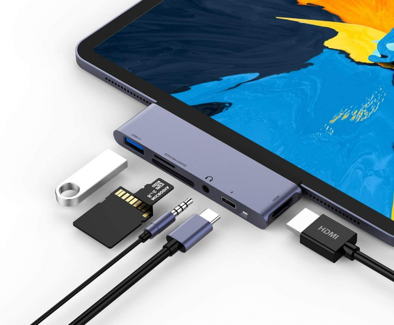USB Type-C Mobile Pro 集線器適配器，帶 USB-C 充電 USB 3.0 和 3.5 毫米耳機插孔 HDMI 兼容 2020 iPad Pro 平板電腦