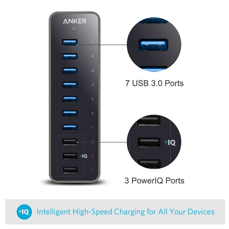Anker 10 端口 60W 數據集線器，帶 7 個 USB 3.0 端口和 3 個 PowerIQ 充電端口，適用於 iPhone、iPad、Galaxy、移動硬盤等