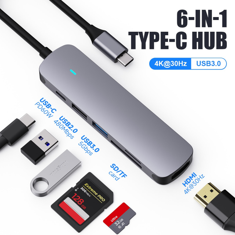 USB 3.1 Type-C 轉 HDMI 適配器 4K Thunderbolt USB C 集線器 3.0 2.0 TF SD 讀卡器插槽 PD 60W 適用於 MacBookPro Air USB C 分離器