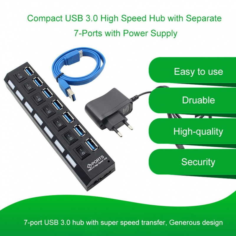 USB 集線器 3.0 4 7 端口微型 USB 3.0 集線器分離器，帶電源適配器 USB Hab 高速 5gbps USB 分離器 3 集線器，適用於 PC 2 年