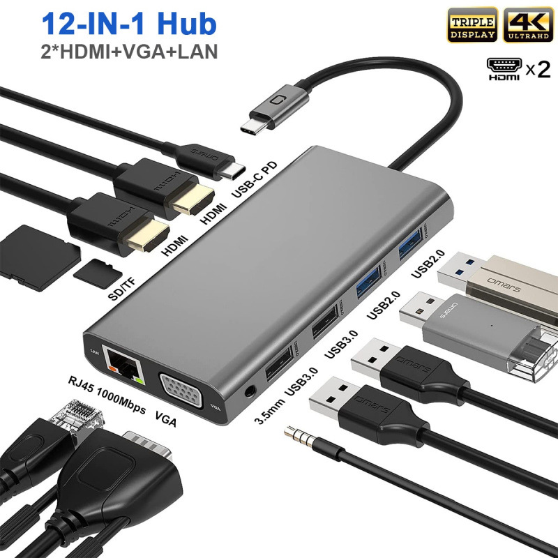 三顯 USB C 集線器雙顯示器適配器筆記本電腦集線器 USB C 到 2 HDMI 4K+VGA+以太網+100W PD+4USB+音頻適用於 MacBook Pro OTG