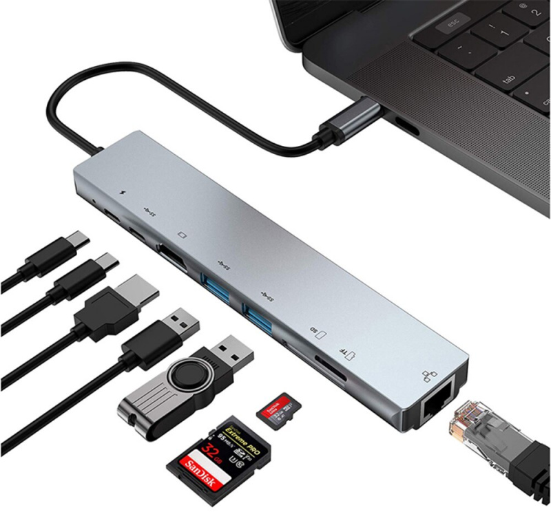 8 合 1 USB 3.1 USB C 型集線器至 4K 30HZ HDMI RJ45 USB 3.0 SD TD 讀卡器 87W PD 充電適配器集線器適用於 MacBook Pro