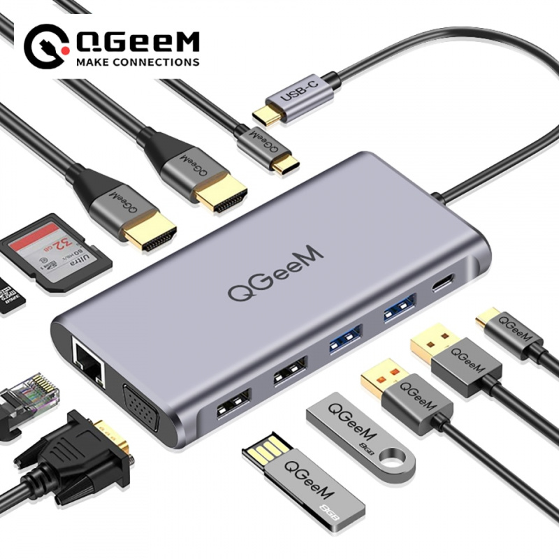 QGeeM USB C Hub for Macbook Pro Triple Display Type C Hub to 4K Dual HDMI VGA Micro SD Card Readers RJ45 Aux PD USB Hub Adapter