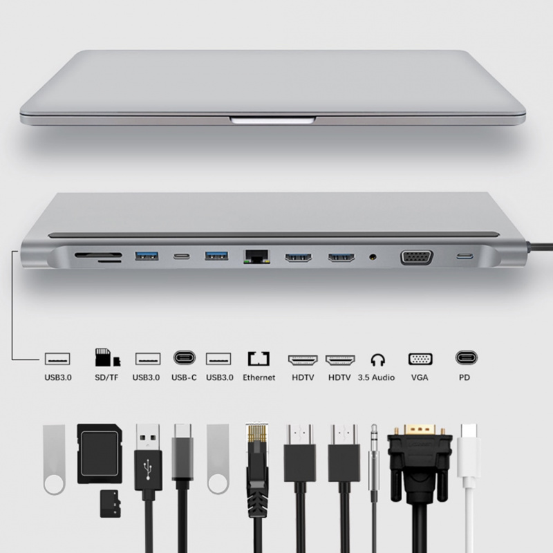 12 合 1 USB C 集線器 4K 高清 RJ45 VGA 多 USB 分離器塢站局域網以太網 3.5 毫米 PD 充電器 SD TF 適配器適用於 Macbook Air