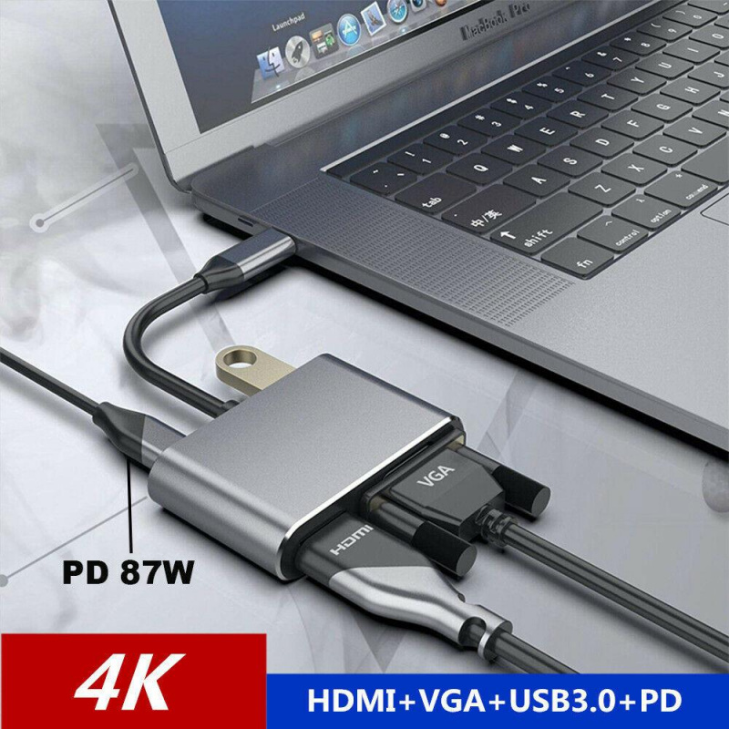 4K C 型轉 HDMI 兼容 VGA USB 3.0 轉換器 4 合 1 USB C 塢站集線器 USB 適配器電纜適用於手機 Macbook 筆記本電腦