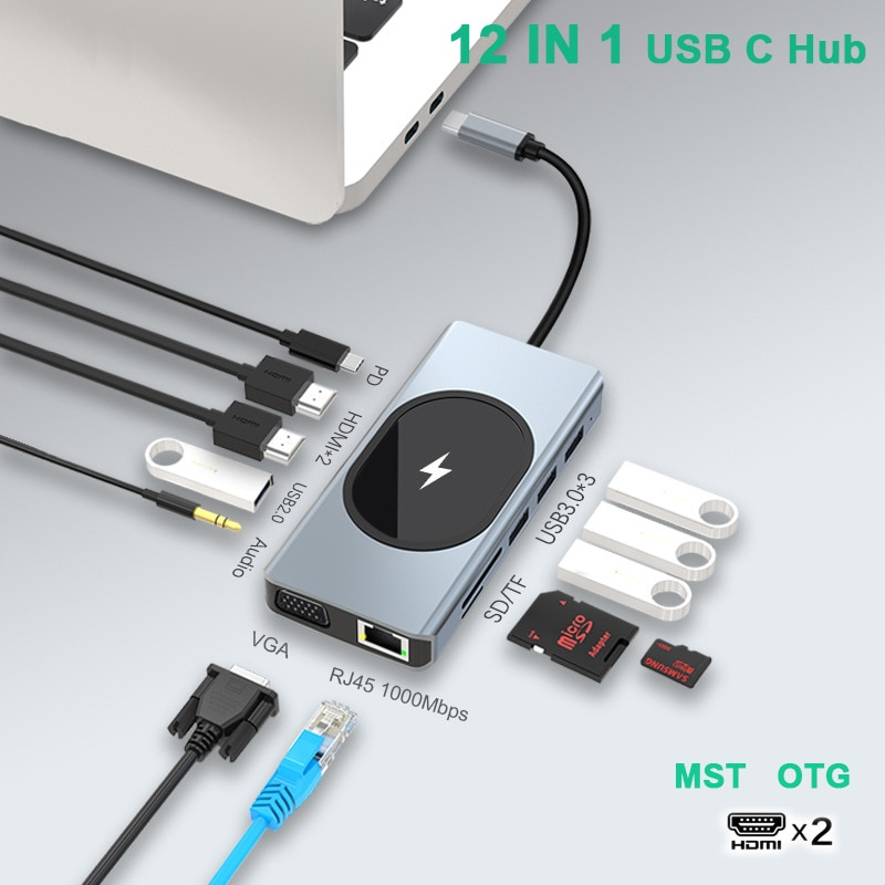 USB C 集線器適配器帶雙 HDMI 顯示器 VGA 千兆以太網 RJ45 無線充電器 100W PD SD TF 適用於 MacBook Pro 華為聯想