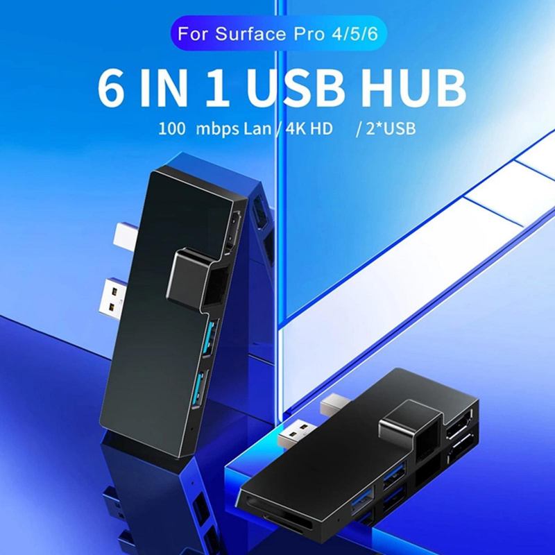6 合 1 usb c 集線器適用於 Surface pro 4 5 6 usb 到 rj45 USB3.0 hdmi 讀卡器集線器擴展塢 pro 轉換器 2022 B7V4