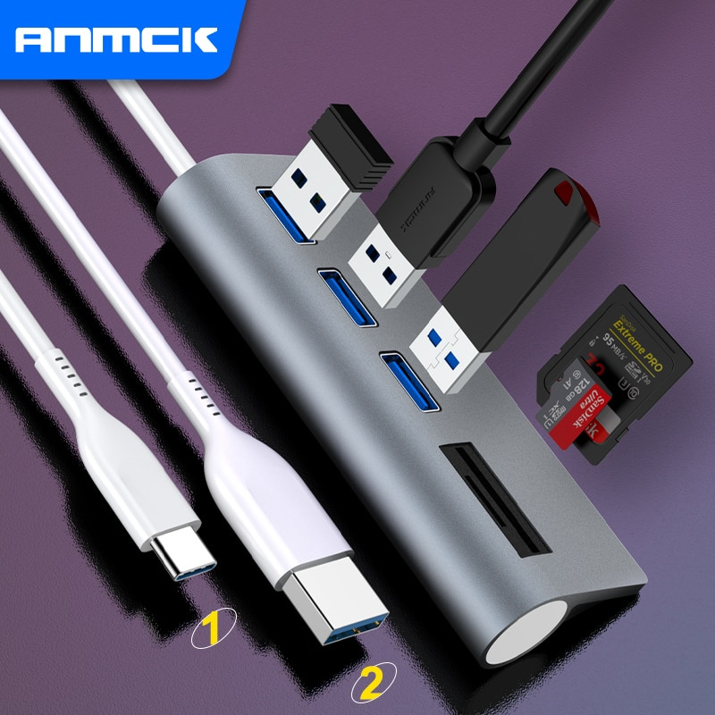 Anmck 5 端口 USB C 集線器，帶 SD 讀卡器，適用於筆記本電腦 Macbook Pro USB 分離器適配器，適用於 PC 電腦配件的 USB 2.0 集線器