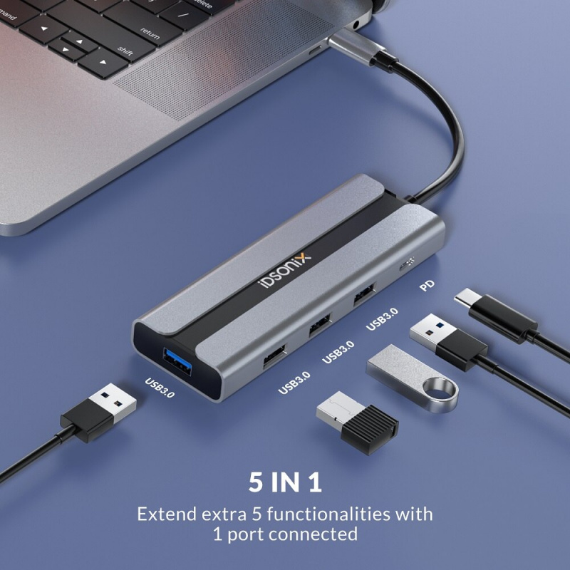 iDsonix USB 集線器，帶以太網端口 5 合 1 USB C 集線器 C 型適配器，帶 1 個 100W 供電 Thunderbolt 3，適用於筆記本電腦