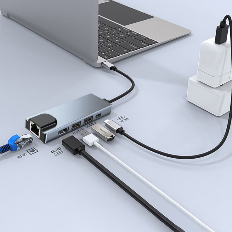5 合 1 USB C 集線器多端口適配器，帶 USB 3.0 PD 充電器 4k HDMI 兼容 RJ45 以太網網絡適配器，適用於 Windows 筆記本電腦