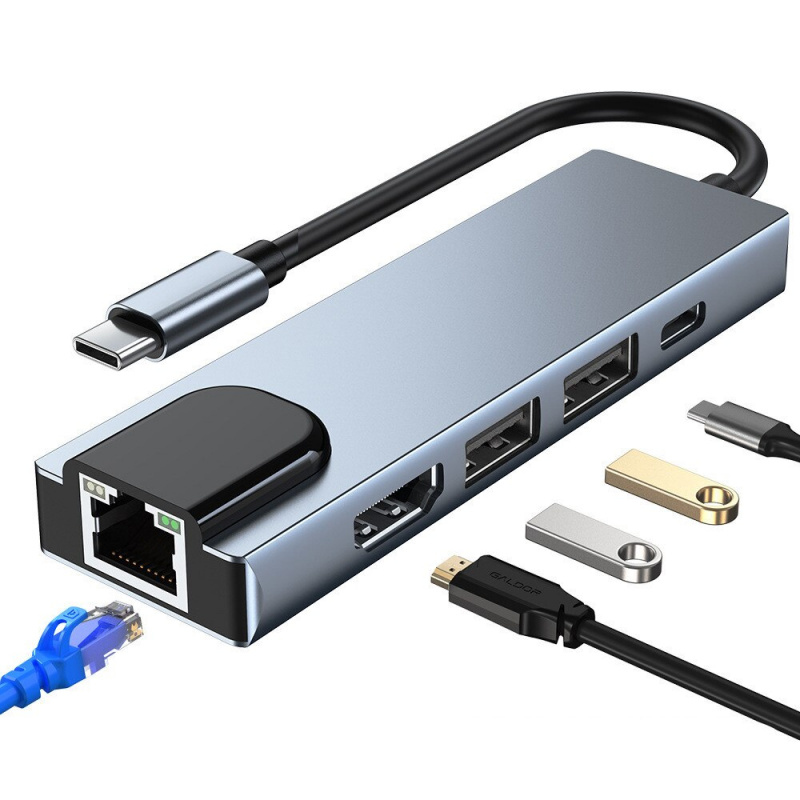 5 合 1 USB C 集線器多端口適配器，帶 USB 3.0 PD 充電器 4k HDMI 兼容 RJ45 以太網網絡適配器，適用於 Windows 筆記本電腦