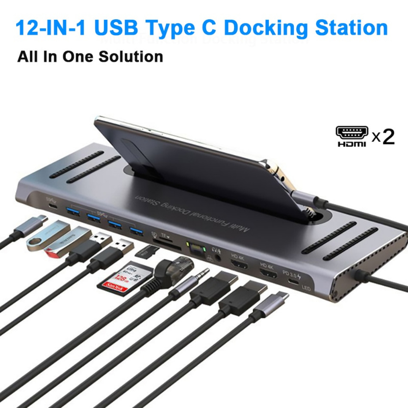 USB C 型集線器轉 2 HDMI 雙顯示器，帶千兆 RJ45 USB 集線器 PD 3.5 毫米 SD TF USB-C 數據傳輸適配器，適用於 MacBook Pro