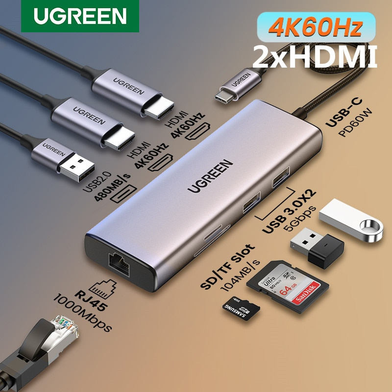 UGREEN USB C HUB 4K60Hz USB C to 2xHDMI 2.0 RJ45 USB 3.0 PD Adapter for Macbook iPad Pro Air M2 M1 PC Accessories USB C Splitter