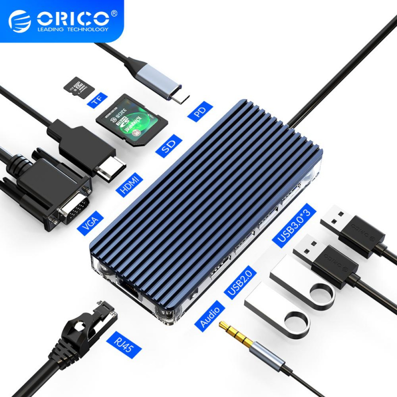 ORICO USB C HUB Type C to Multi USB 3.0 HDMI-Compatib PD RJ45 Carder Reader Dock Splitter for MacBook Pro 配件透明