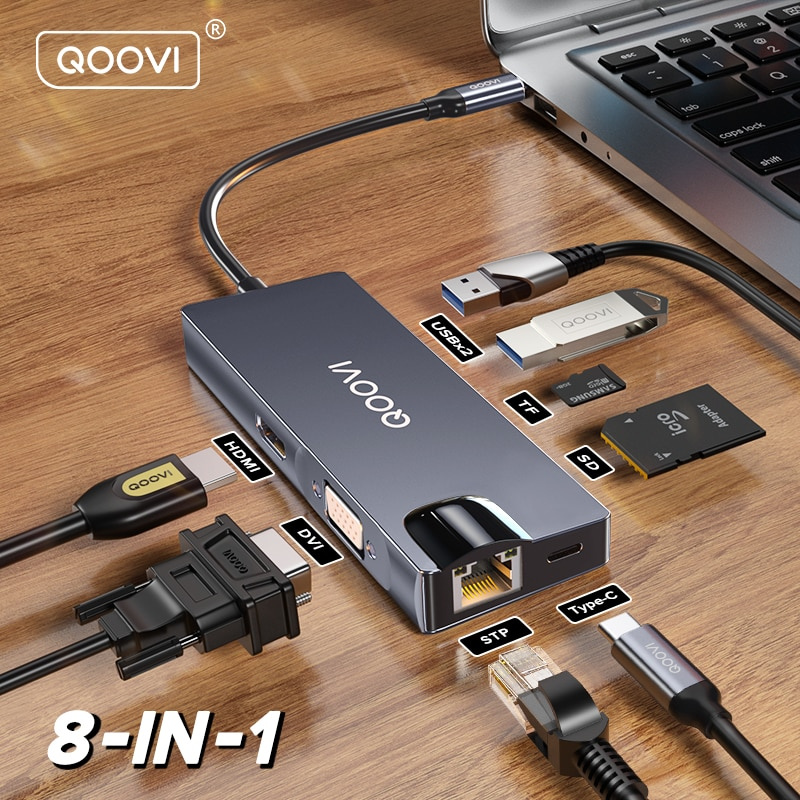 QOOVI USB C Hub Type C To HDMI-Compatible 4K 30Hz RJ45 PD TF SD Card 8 in 1 Adapter For Macbook Pro Lap