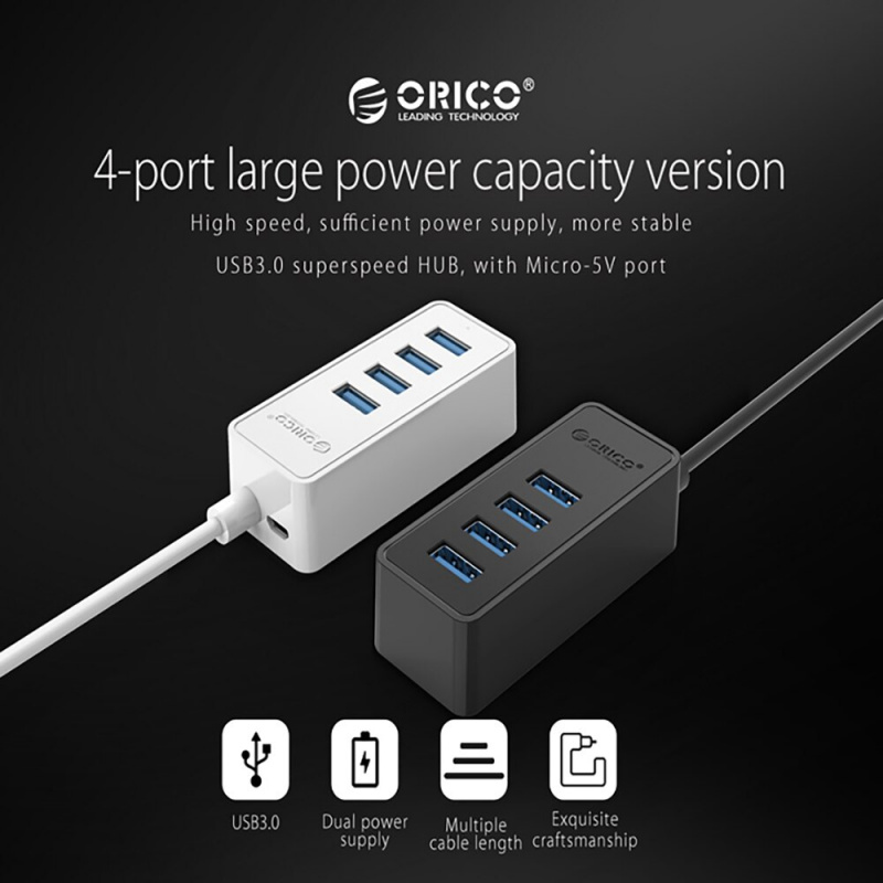 Orico 4 端口 USB 3.0 桌面集線器迷你尺寸帶 5V 微型 USB 電源端口支持 OTG 功能 W5P-U3