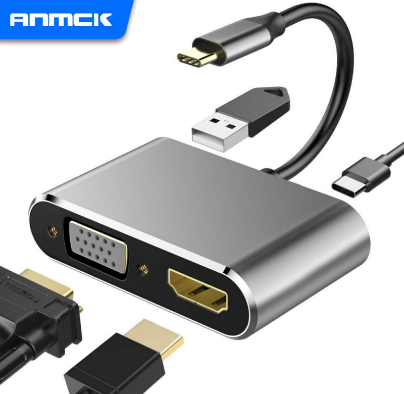 Anmck USB C 集線器適用於 PC 配件筆記本電腦集線器 C 型切換到 4K 高清適配器 VGA Aux USB 3.0 PD 充電 USB C 分配器