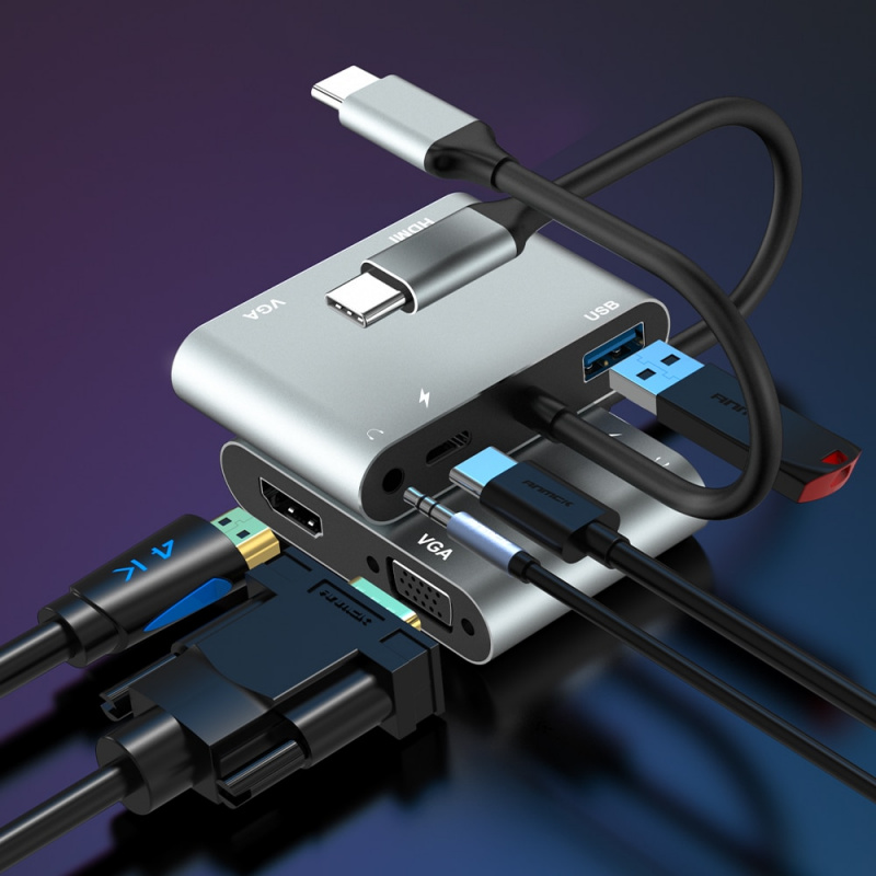 Anmck USB C 集線器適用於 PC 配件筆記本電腦集線器 C 型切換到 4K 高清適配器 VGA Aux USB 3.0 PD 充電 USB C 分配器