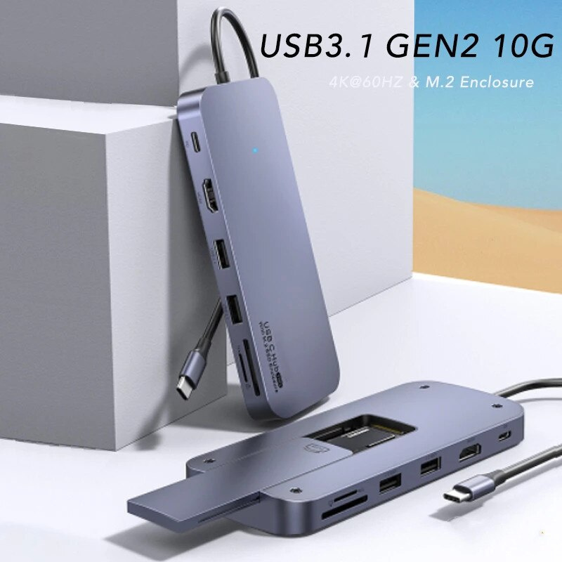 M.2 SSD 外殼 7 合 1 USB C HUB Type C 3.1 轉 M.2 NVME NGFF HDMI 4K@60Hz USB 3.1 Gen2 10Gbps PD 100W SD TF 適用於
