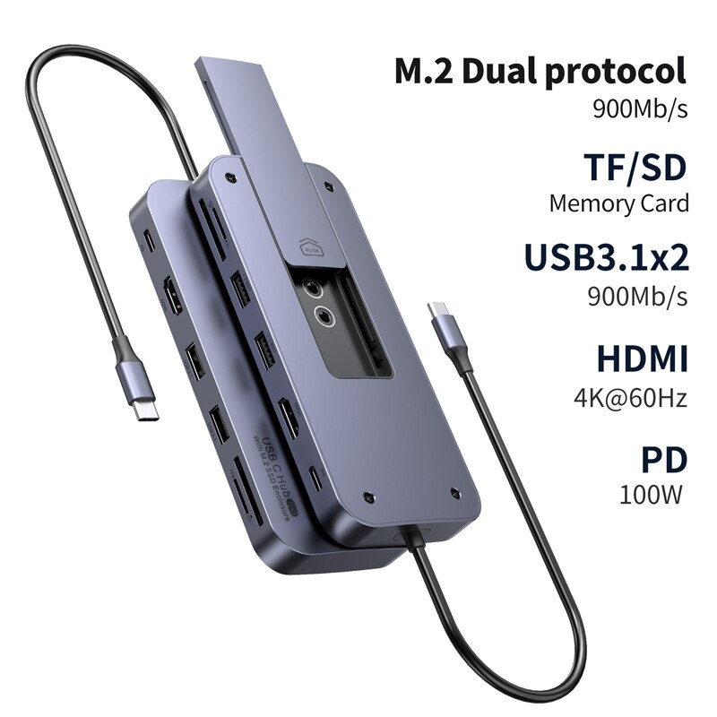 M.2 SSD 外殼 7 合 1 USB C HUB Type C 3.1 轉 M.2 NVME NGFF HDMI 4K@60Hz USB 3.1 Gen2 10Gbps PD 100W SD TF 適用於