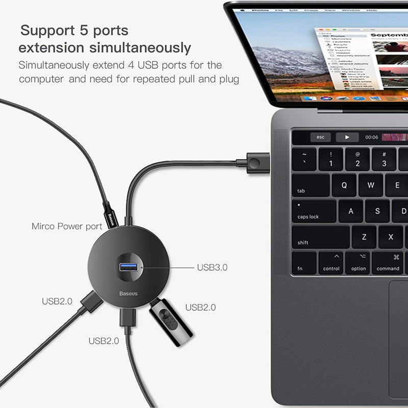 Baseus USB HUB USB 3.0 USB C HUB for MacBook Pro Surface Micro USB Splitter HUB 4 Ports USB Adapter Computer Accessori