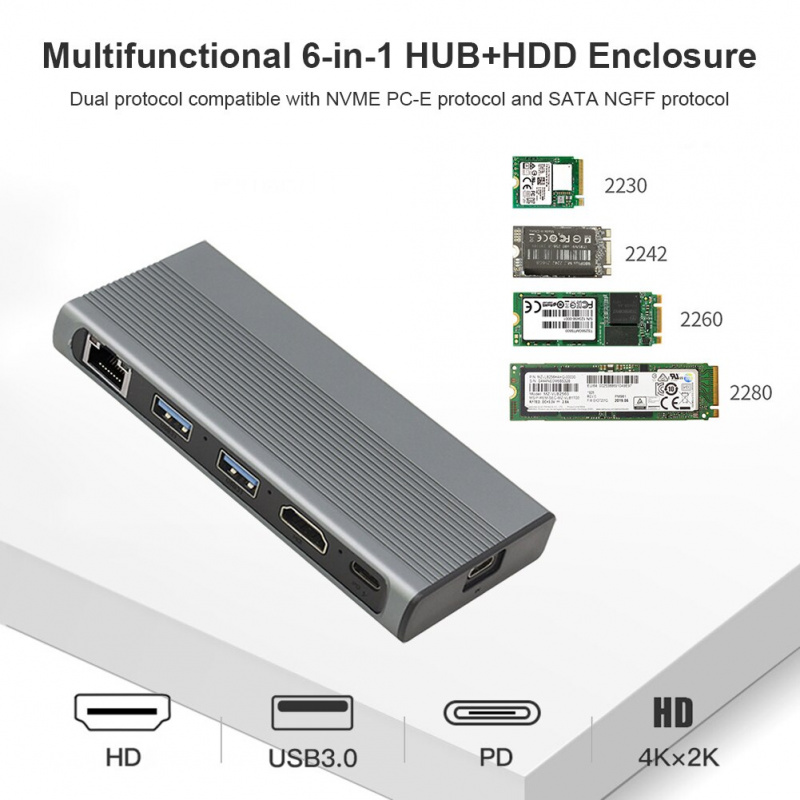 GUDGA USB 集線器 Type C 3.1 到 M.2 SATA NVME NGFF HD 4K RJ45 1000M LAN 10Gbps M.2 SSD Case Enclosure USB C Splitter HDD Enclosure