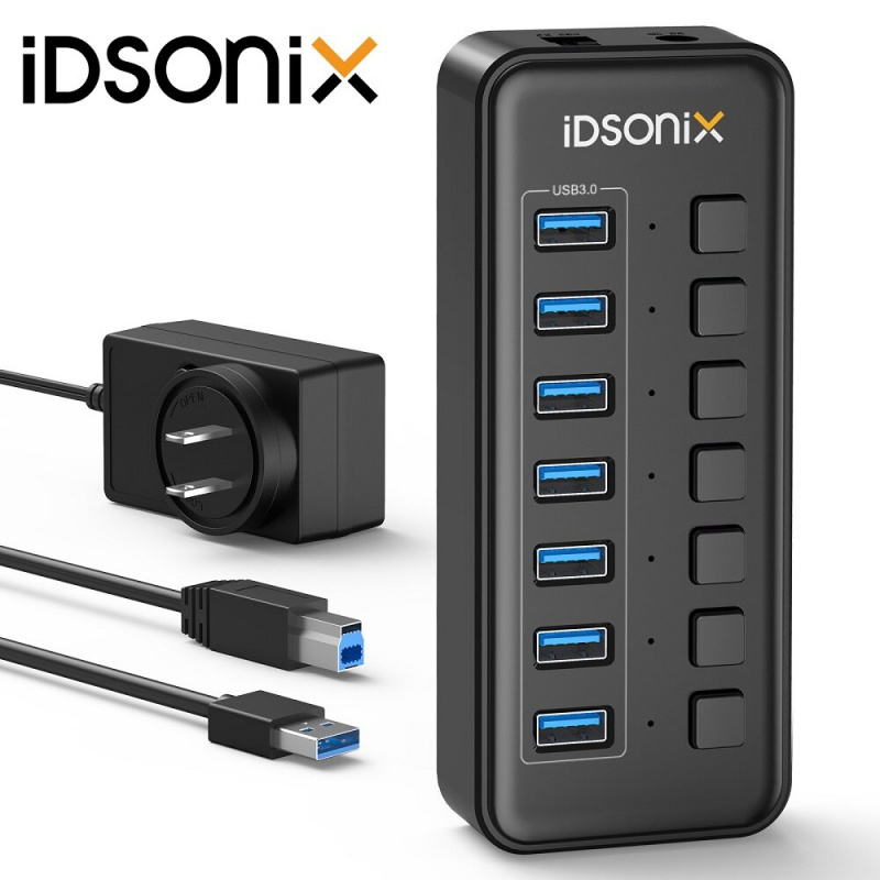 iDsonix USB 3.0 集線器 7 端口 12V   2A 供電 USB 集線器帶獨立開關鋁合金 USB 分配器適用於 PC 計算機