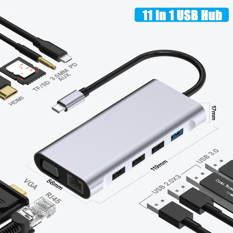 11 合 1 USB C 集線器 C 型適配器轉 4K HDMI 兼容 VGA RJ45 Lan 以太網 SD TF AUX 11 端口塢站 PC 筆記本電腦分配器