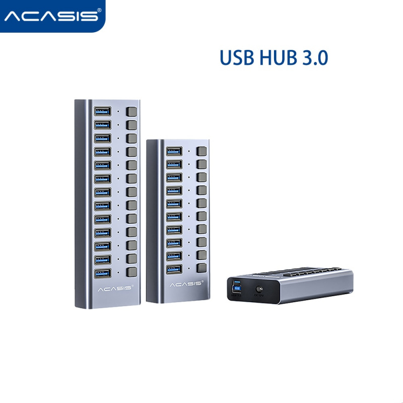 Acasis USB 3.0 HUB Multi 7 10 13 端口鋁製透明 USB 分離器，帶 12V 電源適配器開關，適用於工業計算機