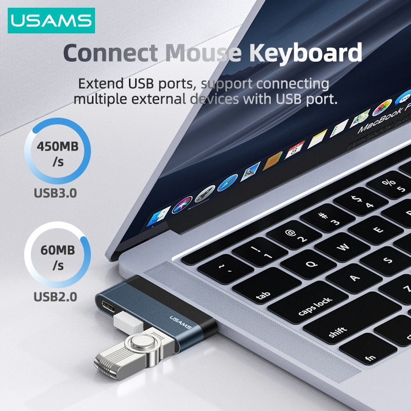 USAMS Mini Hub PD 60W Type C To USB 3.0 2.0 HDMI 1.4 TF Card USB Splitter Adapter USB Hub Expander For iPad Pro Laptop Phone PC
