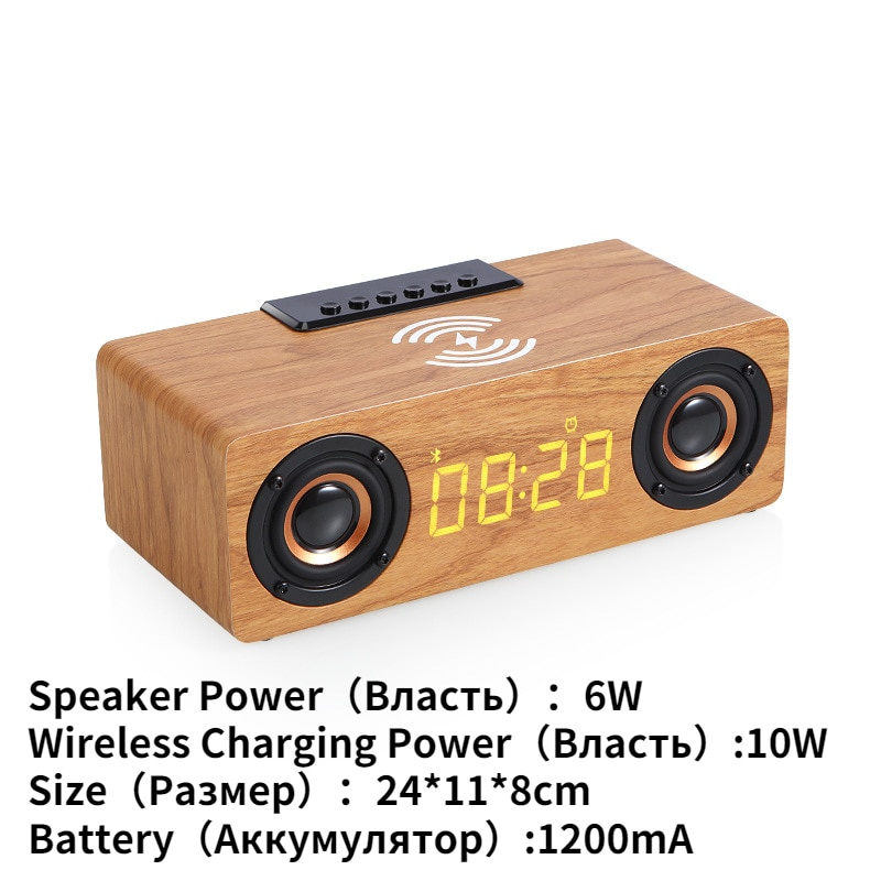 快速無線充電器木製無線藍牙揚聲器鬧鐘，帶低音炮 3D 立體聲音響音箱，適用於電腦電視
