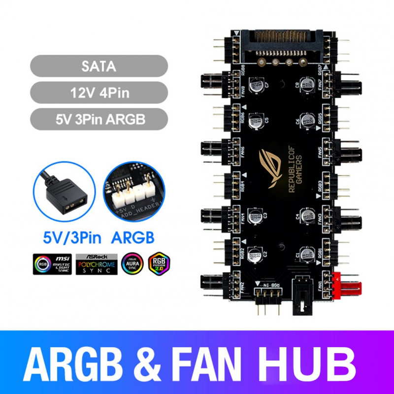 PWM Fan ARGB LED 2in1 HUB Remote Control 1 To 8 Multi Way Splitter 5V 3PIN RGB +4PIN PWM Cooler Fan Adapter AURA