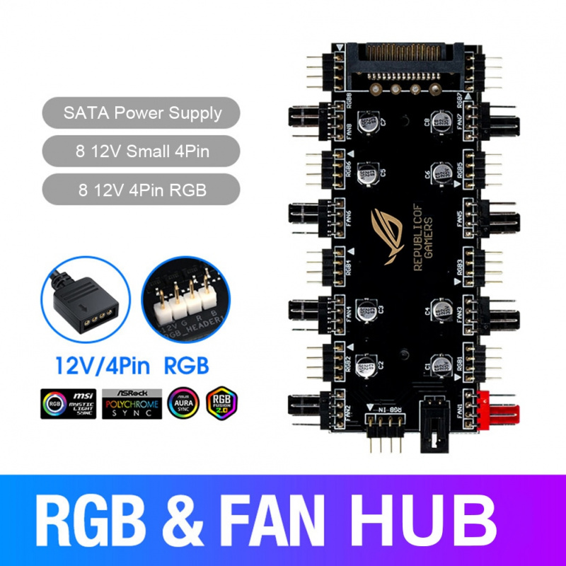 PWM Fan ARGB LED 2in1 HUB Remote Control 1 To 8 Multi Way Splitter 5V 3PIN RGB +4PIN PWM Cooler Fan Adapter AURA