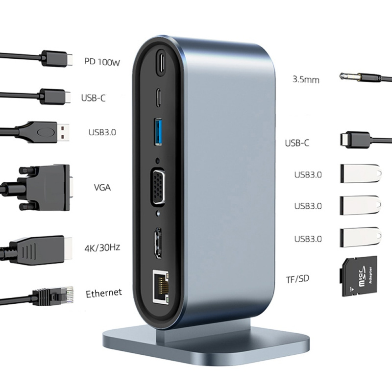 12 合 1 USB C 型集線器 Type-C 至 2 HDMI 4K VGA 適配器 RJ45 Lan 以太網 SD TF PD USB-C 3.0 3.5 毫米音頻 麥克風適用於 iMac MacBook Pro
