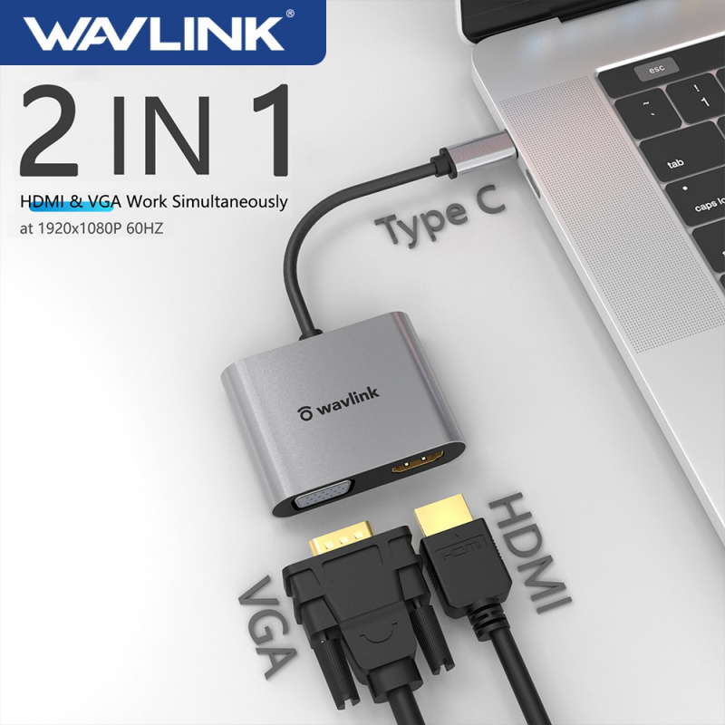 Wavlink USB C 轉 VGA 適配器 HDMI 兼容 Type-C 轉雙 VGA HDMI 顯示分配器轉換器 適用於 MacBook Pro 2020 iPad Pro