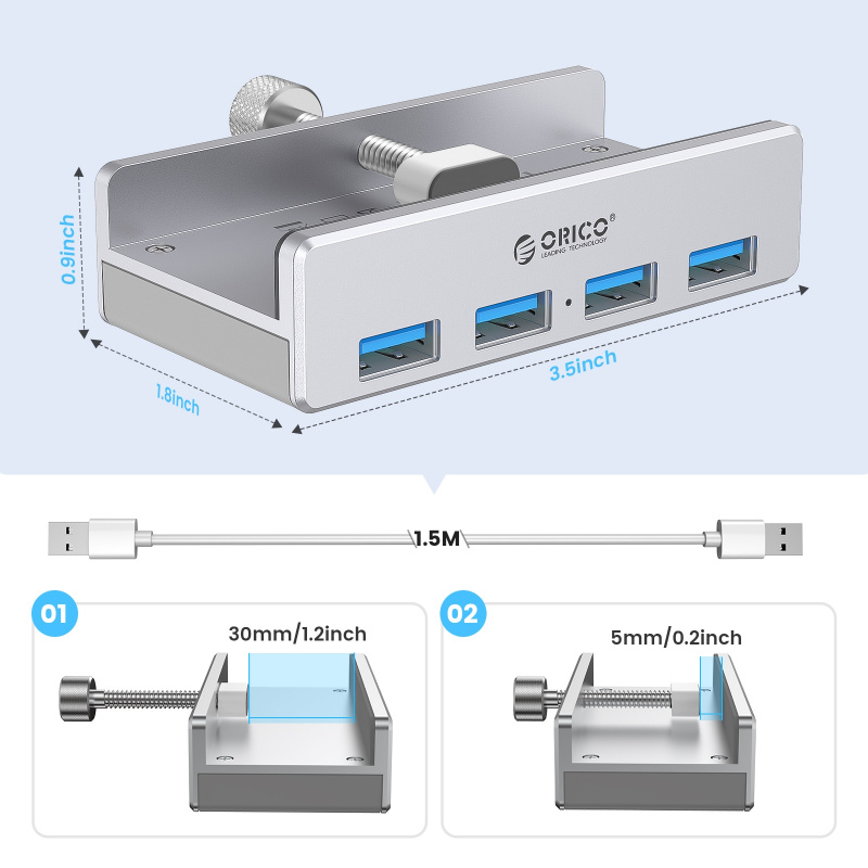 ORICO MH4PU 鋁製 4 端口 USB 3.0 夾式集線器適用於台式筆記本電腦夾子範圍 10-32 毫米帶 150 厘米數據線 - 銀色