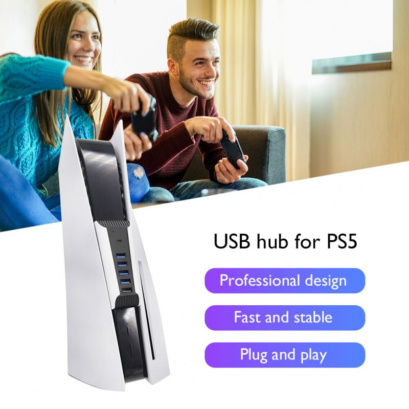 適用於 PS5 USB 集線器 6 合 1 USB 分離器擴展器集線器適配器，帶 5 個 USB A + 1 個 USB C 端口，適用於 PlayStation 5 超高速 USB 適配器