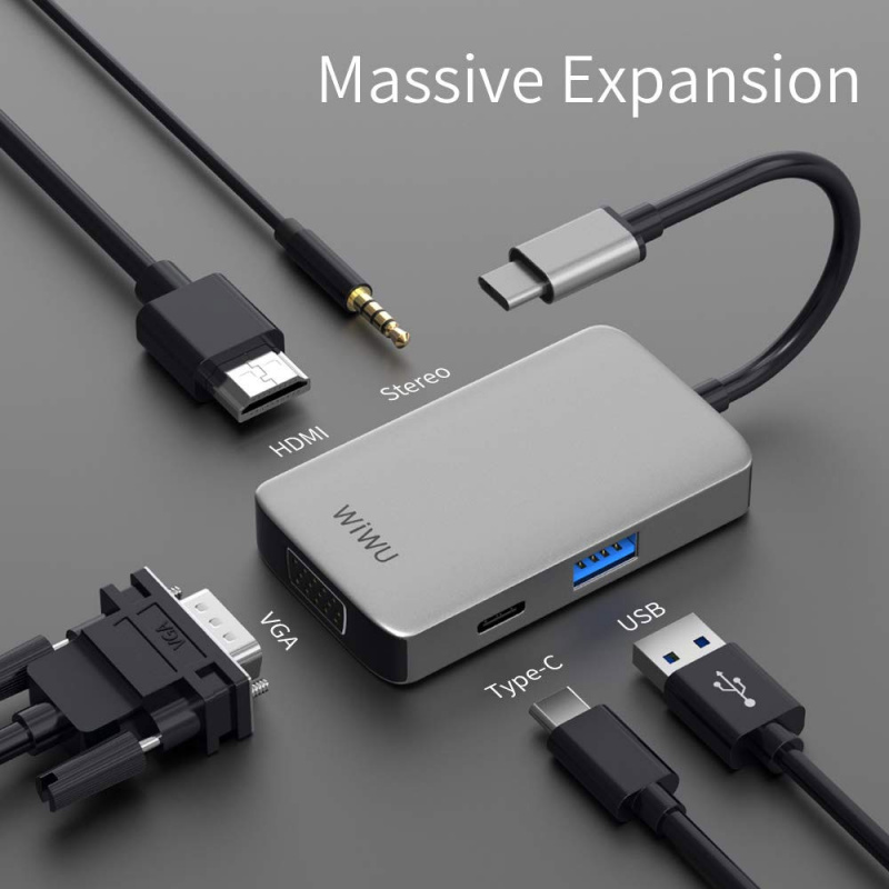 WIWU 5 in 1 USB Hub Multi Ports VGA HDMI Adapter for MacBook Pro Type C Hub 3.5mm Audio USB Splitter for Samsung Huawei USB Hub