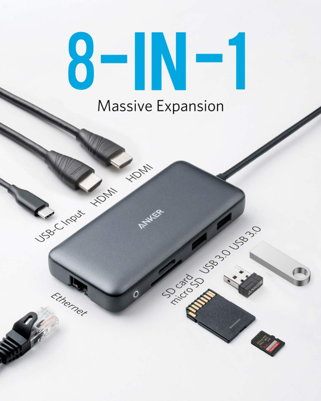 Anker USB C 集線器、PowerExpand 8 合 1 USB C 適配器，帶雙 4K HDMI、100W 供電、1 Gbps 以太網、2 個 USB 3.0 數據端口