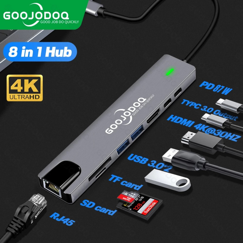 USB C HUB Type C to HDMI-compatible USB 3.0 Adapter 8 in 1 Type C HUB RJ45 PD Charger Dock for MacBook Pr