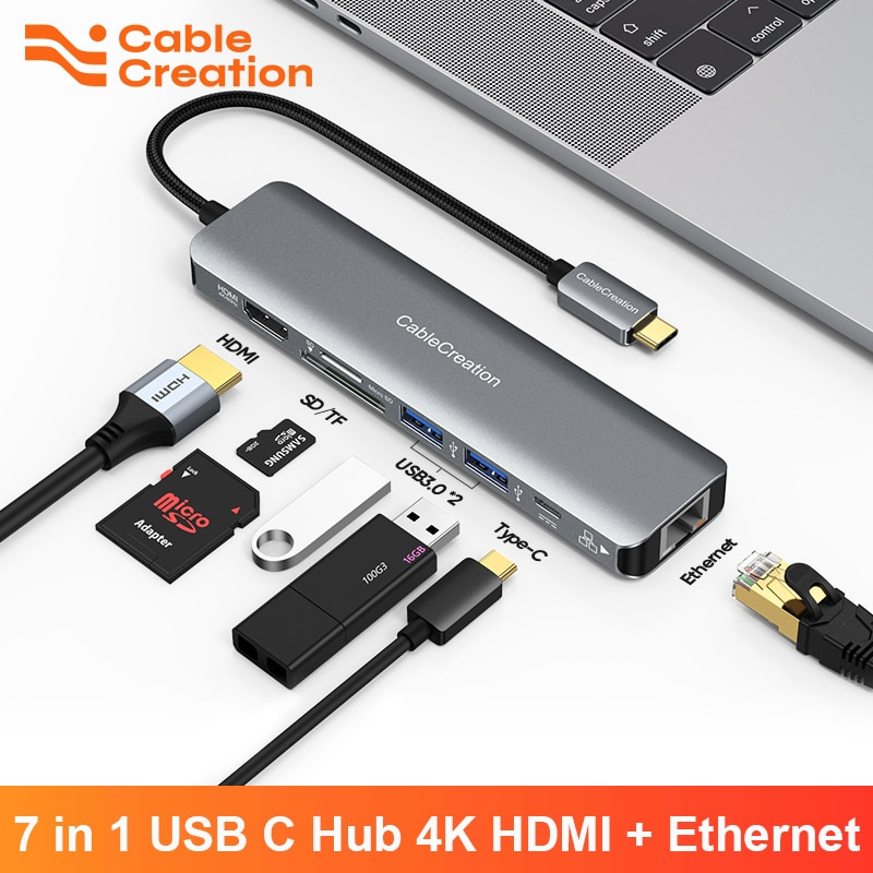 CableCreation USB C 型集線器 HDMI 4K 60Hz 7 合 1 USB C 適配器 RJ45 PD 充電 C 型加密狗適用於 Macbook Air Pro m1 iPad Pro XPS